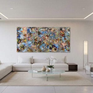 Abstract panel painting called Babylon 5 (on the wall) by Keren de Vreede