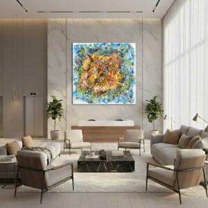 Abstract universe painting called Cosmos (on the wall) by Keren de Vreede
