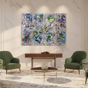 Abstract panel painting called Eilat (on the wall) by Keren de Vreede