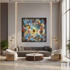Abstract universe painting called Galaxy 2 (on the wall) by Keren de Vreede