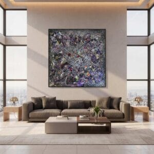 Abstract universe painting called Intergalactic (on the wall) by Keren de Vreede