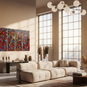 Abstract panel painting called Moulin Rouge (on the wall) by Keren de Vreede