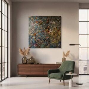 Abstract universe painting called Starstruck (on the wall) by Keren de Vreede