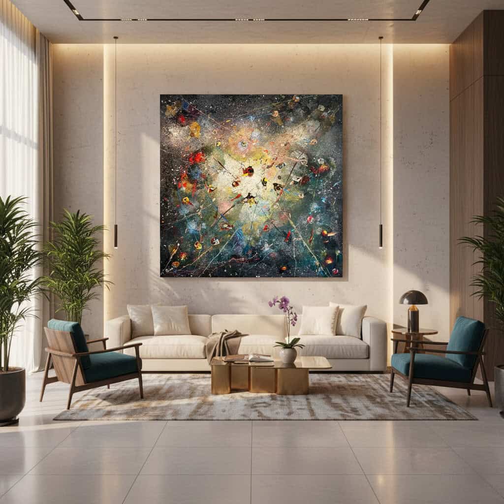 Abstract universe painting called Universe (on the wall) by Keren de Vreede